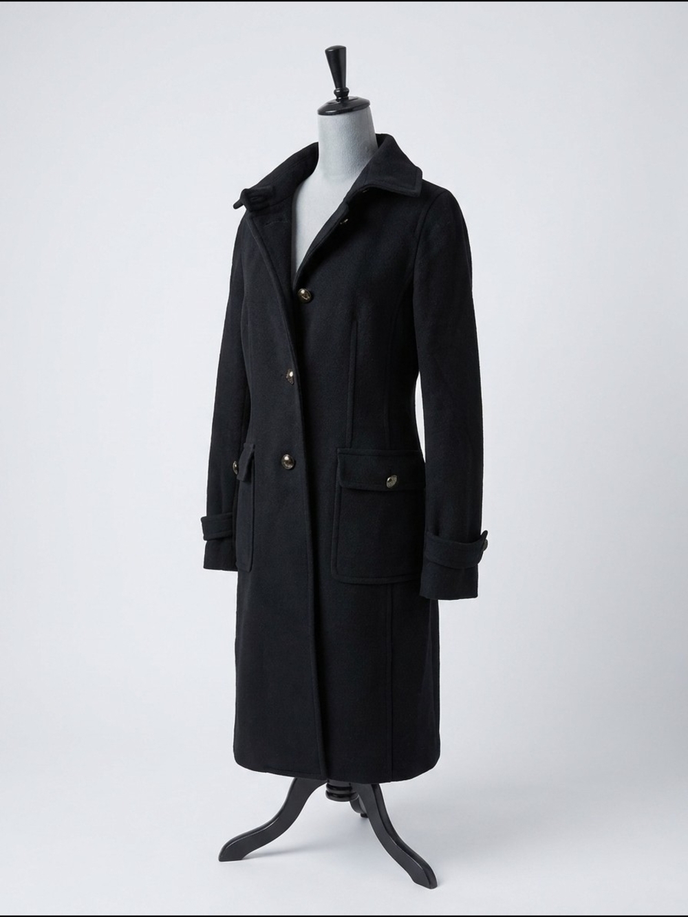 Talbots Size M Black Wool Blend Long Coat Classic Button Front